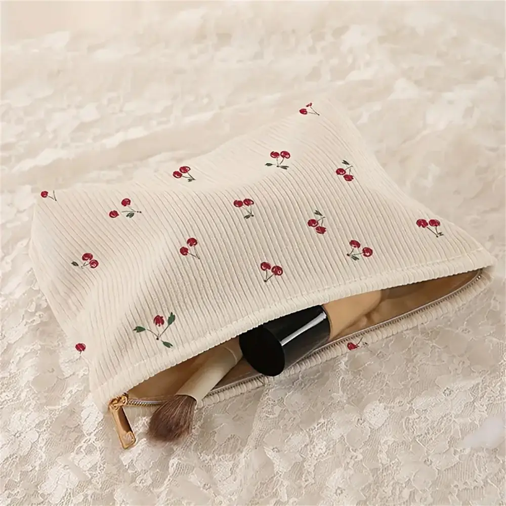 Cherry Printed Corduroy Makeup Bag Lightweight Zipper Makeup Storage Box Multifunctional Bag with Lining Cosmetic Organizer Bag