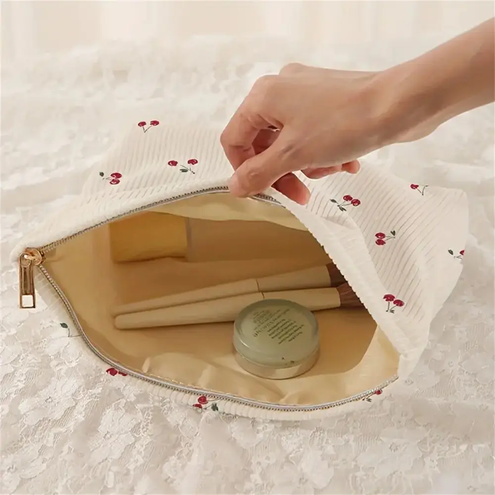 Cherry Printed Corduroy Makeup Bag Lightweight Zipper Makeup Storage Box Multifunctional Bag with Lining Cosmetic Organizer Bag