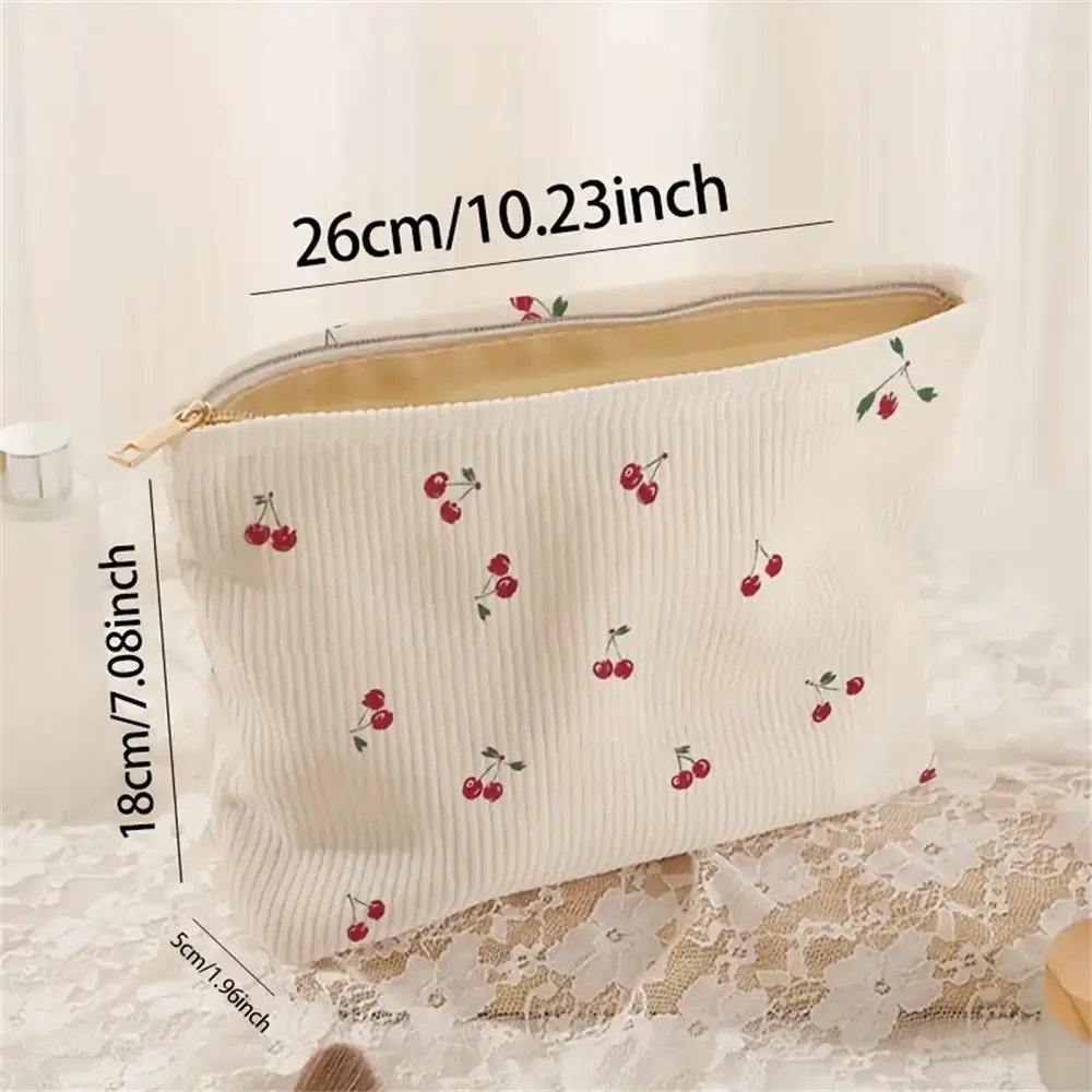 Cherry Printed Corduroy Makeup Bag Lightweight Zipper Makeup Storage Box Multifunctional Bag with Lining Cosmetic Organizer Bag