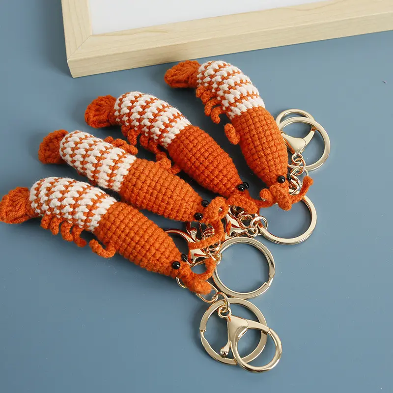 Cute Shrimp Charm Keychains Cartoon Mini Hand Knitted Car Keyring Lovely Backpack Handbag Pendant Couple Keyholder