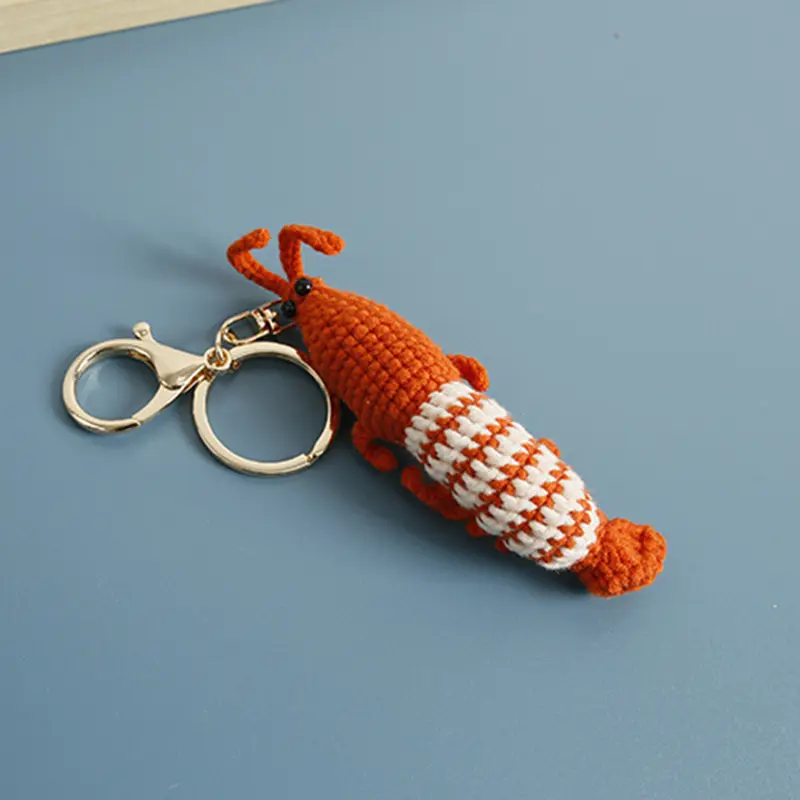 Cute Shrimp Charm Keychains Cartoon Mini Hand Knitted Car Keyring Lovely Backpack Handbag Pendant Couple Keyholder