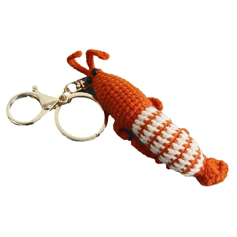 Cute Shrimp Charm Keychains Cartoon Mini Hand Knitted Car Keyring Lovely Backpack Handbag Pendant Couple Keyholder