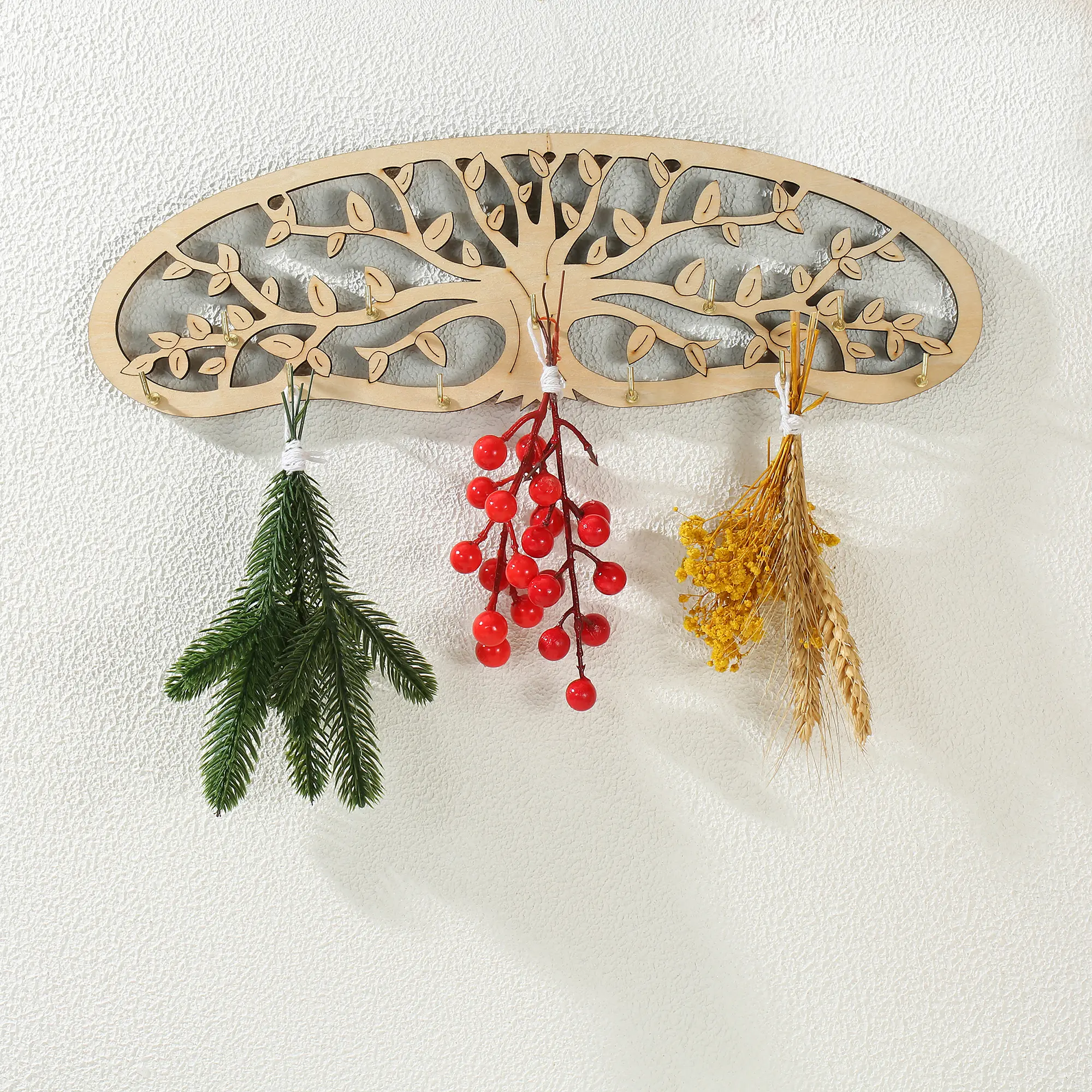 Wall Mounted Wooden Dried Flower Holder - Rustic Boho Hanging Display Shelf for Home Decor, Indoor Herb Drying Rack