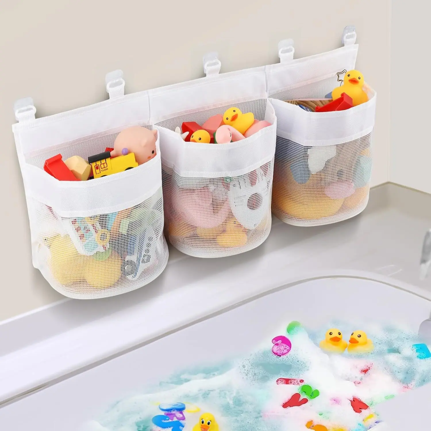 Bathroom Kids Toy Storage Bag - Multi-Compartment Wall Hanging Organizer with Drainage Holes, Large Capacity & Anti-Mold Mesh