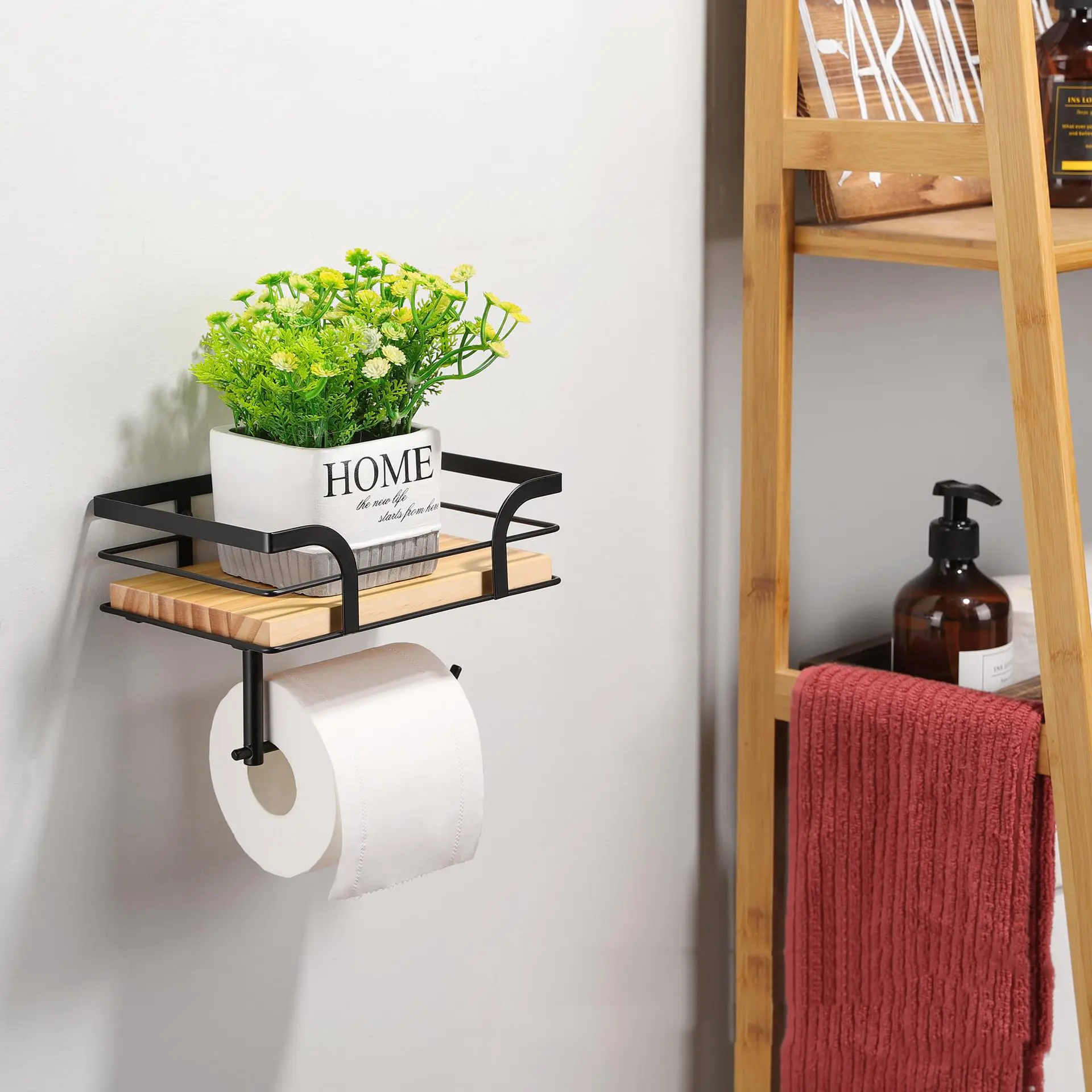 Farmhouse Bathroom Rustic Country Decor - Rustic Bathroom Accessories with Warm Brown Wood Shelf, Black Metal