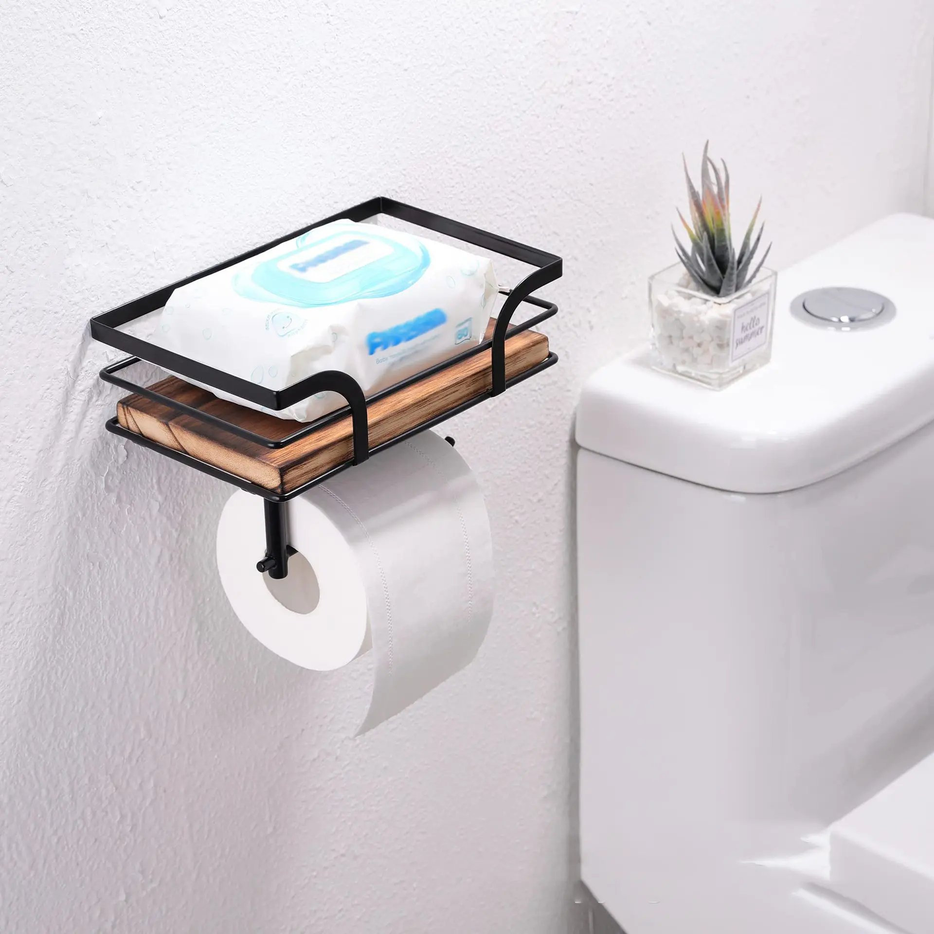 Farmhouse Bathroom Rustic Country Decor - Rustic Bathroom Accessories with Warm Brown Wood Shelf, Black Metal