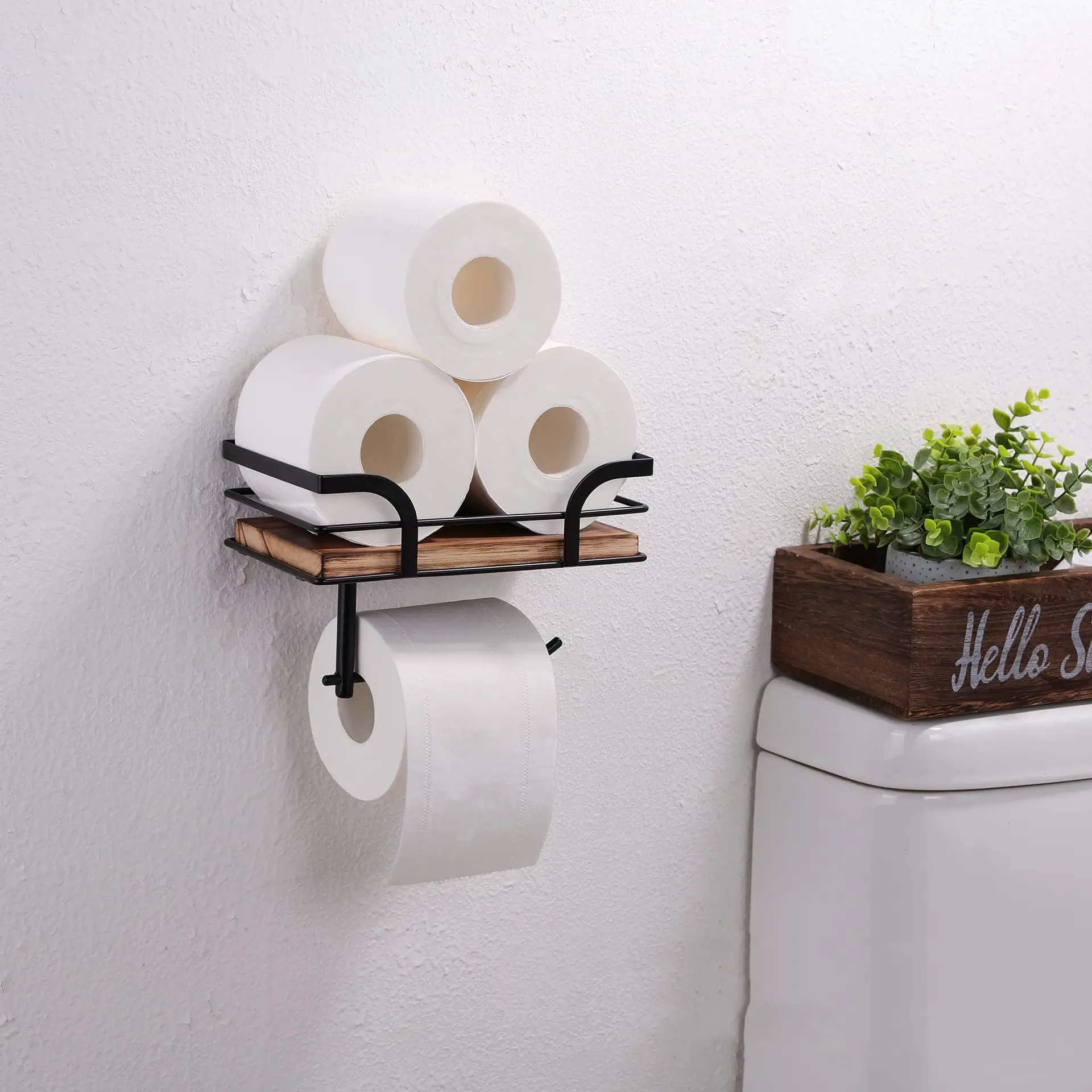 Farmhouse Bathroom Rustic Country Decor - Rustic Bathroom Accessories with Warm Brown Wood Shelf, Black Metal