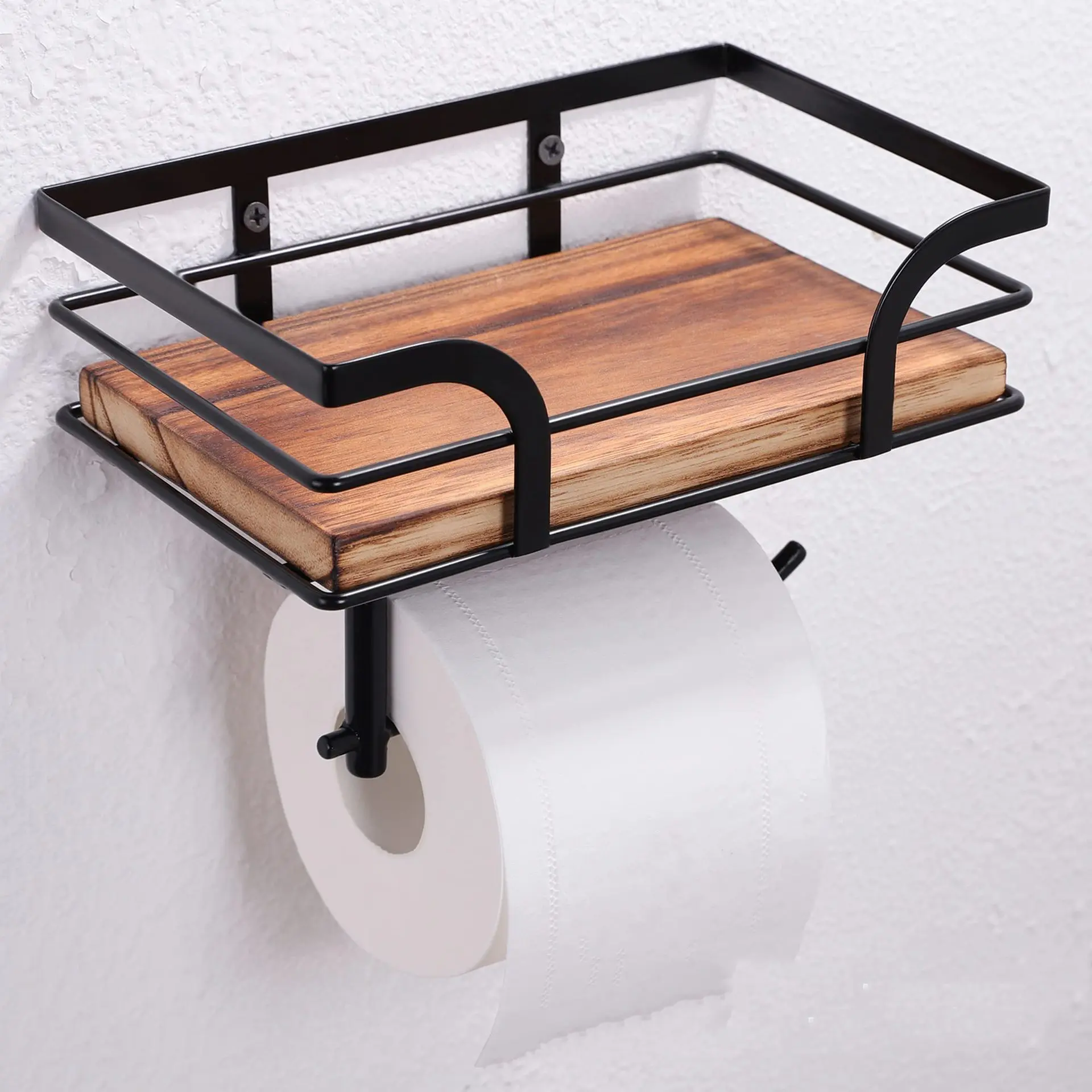 Farmhouse Bathroom Rustic Country Decor - Rustic Bathroom Accessories with Warm Brown Wood Shelf, Black Metal