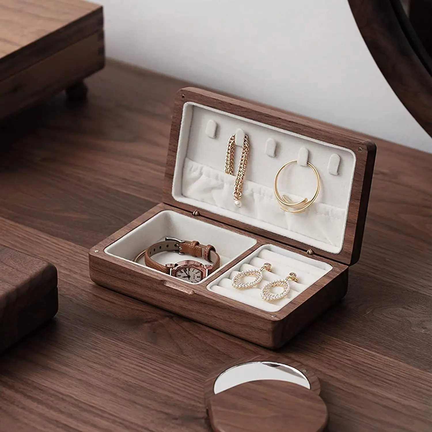 Premium Wooden Jewelry Box - Wedding Ring Holder, Earring & Rings Storage, Elegant Gift Box for Women