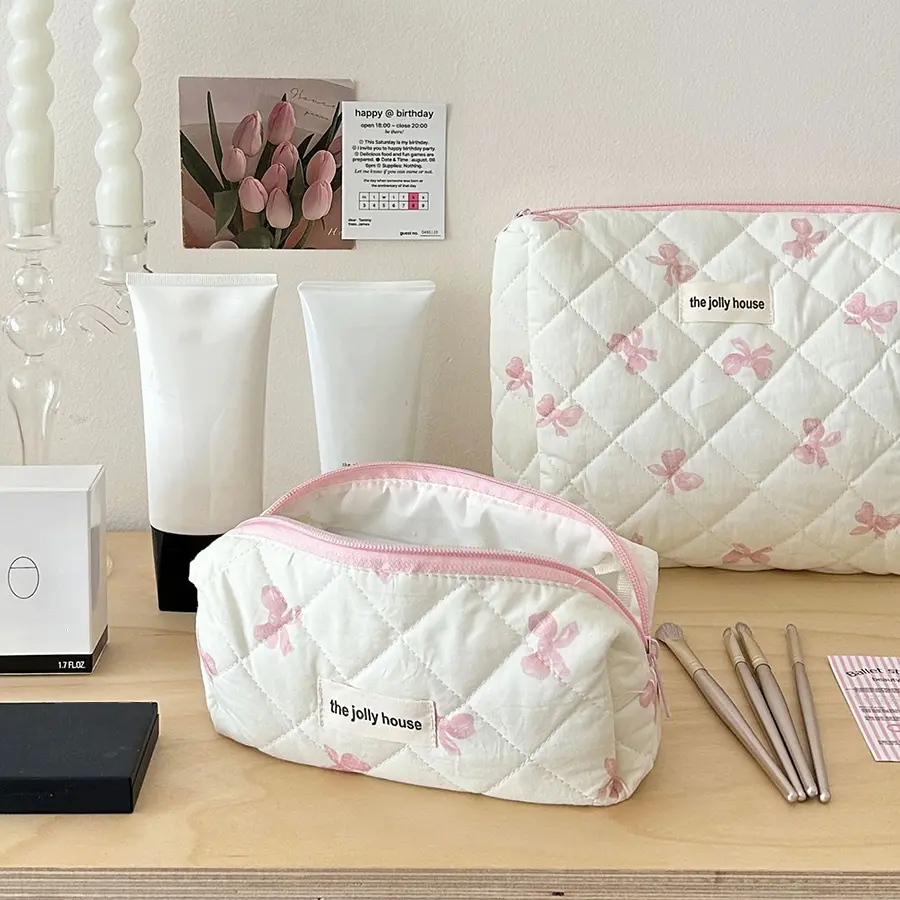 Quilting Cotton Makeup Bag Women Zipper Cosmetic Organizer Cute Bow Flower Cloth Handbag Portable Toiletry Case for Girls