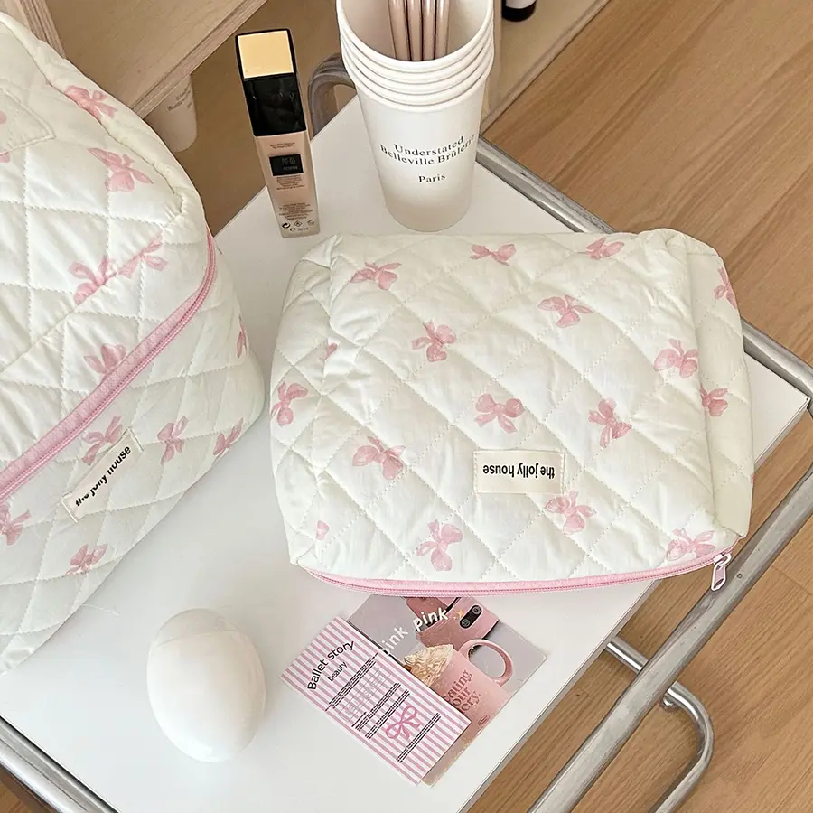 Quilting Cotton Makeup Bag Women Zipper Cosmetic Organizer Cute Bow Flower Cloth Handbag Portable Toiletry Case for Girls