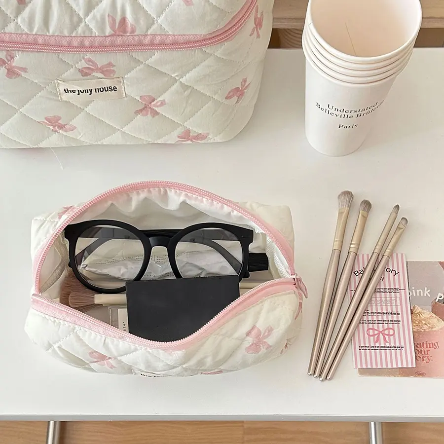 Quilting Cotton Makeup Bag Women Zipper Cosmetic Organizer Cute Bow Flower Cloth Handbag Portable Toiletry Case for Girls