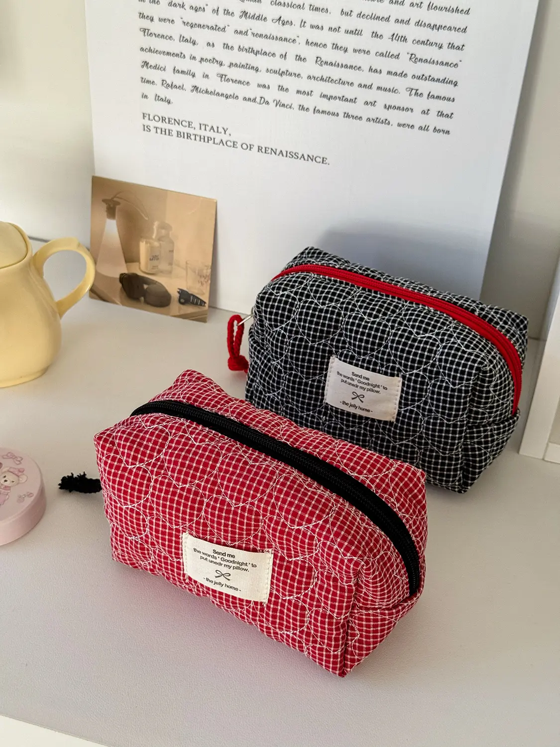 Quilted Heart Makeup Bag Korean Style - Large Capacity Cosmetic Organizer, Classic Plaid Toiletry Pouch for Travel