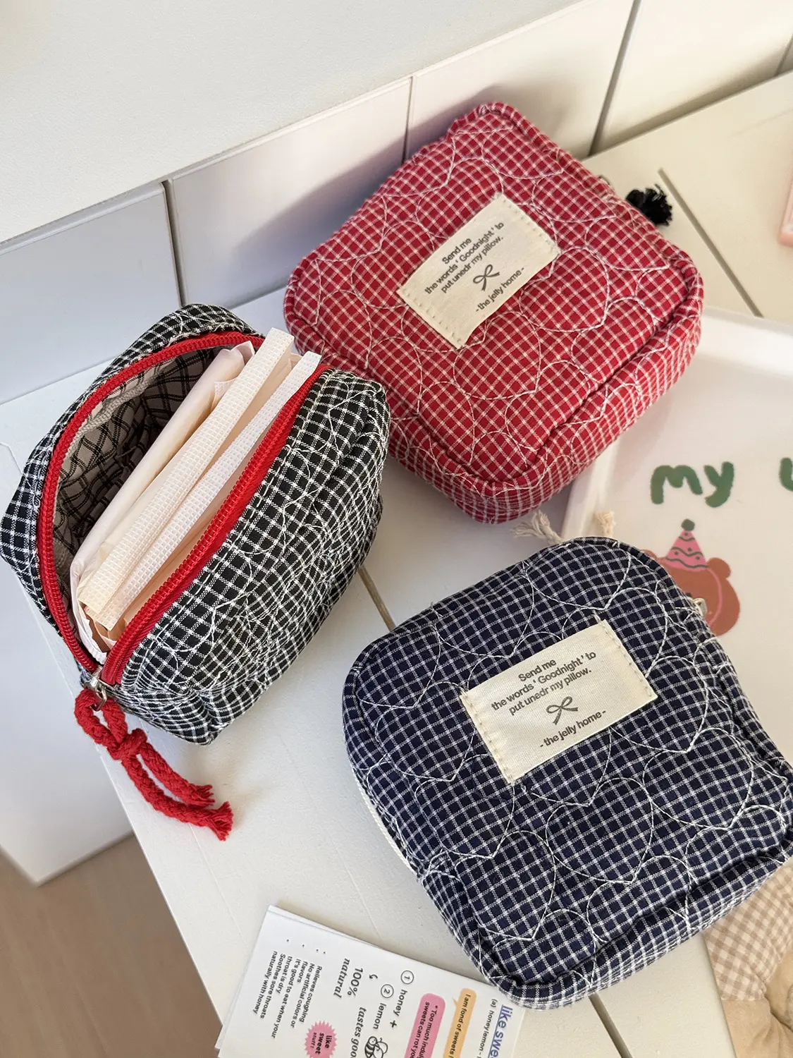 Quilted Heart Makeup Bag Korean Style - Large Capacity Cosmetic Organizer, Classic Plaid Toiletry Pouch for Travel