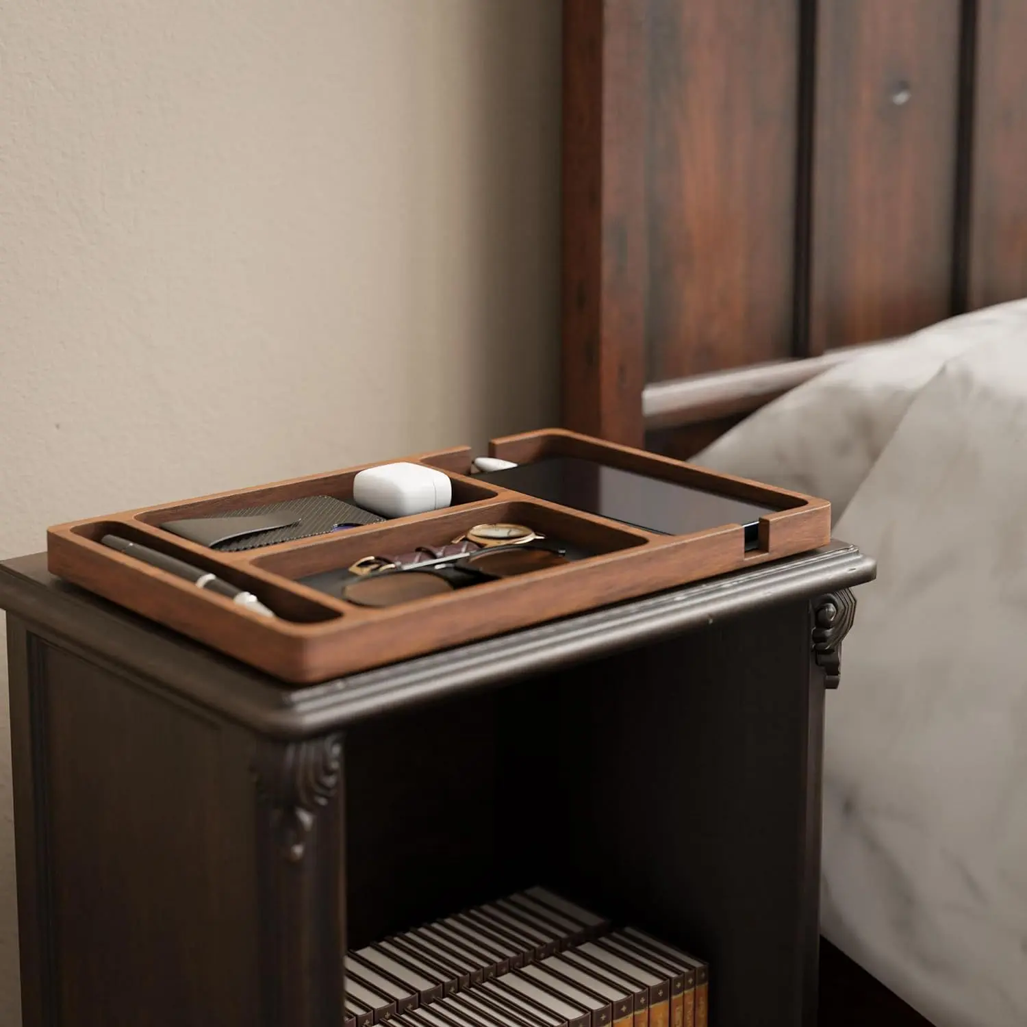 ooden Office Desktop Storage Box Solid Wood Partition Storage Box Mobile Phone Headphone Debris Storage Box Wooden Storage Tray