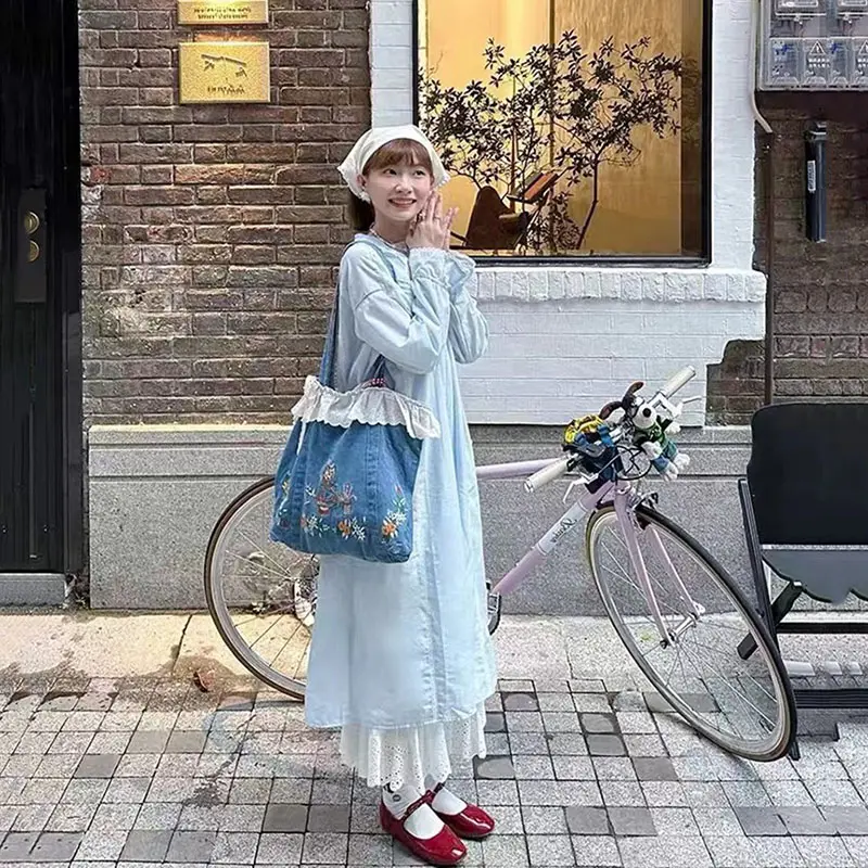Spring Summer New Lace Original Artistic Retro Lace Patchwork Embroidery Single Shoulder Denim Handbag Embroidered Canvas Bag