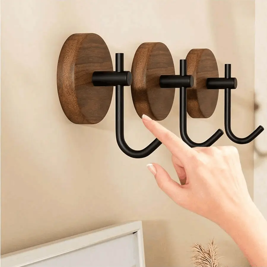 Self-adhesive Solid Wooden Hook Walnut Key Decorative Towel Holder Hook Door Hanger Wall Coat Rack Kitchen Bathroom Organizer