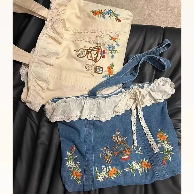 Spring Summer New Lace Original Artistic Retro Lace Patchwork Embroidery Single Shoulder Denim Handbag Embroidered Canvas Bag
