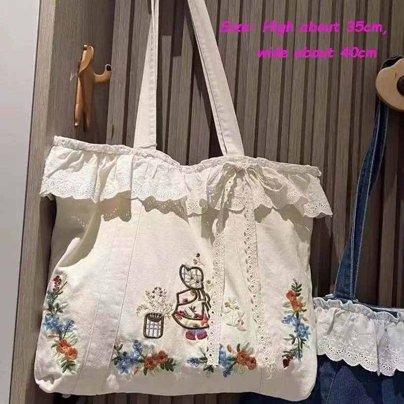 Spring Summer New Lace Original Artistic Retro Lace Patchwork Embroidery Single Shoulder Denim Handbag Embroidered Canvas Bag
