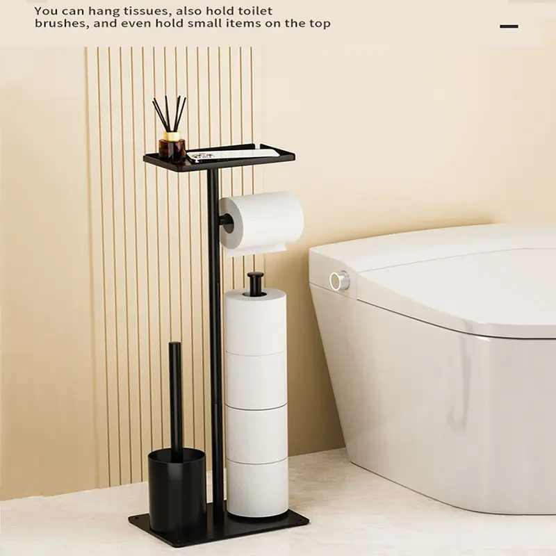 Bathroom Floor Standing Tissue Holder, Mobile Toilet Paper Stand with Storage, No Nail Mount, Includes Brush & Roll Paper Holder