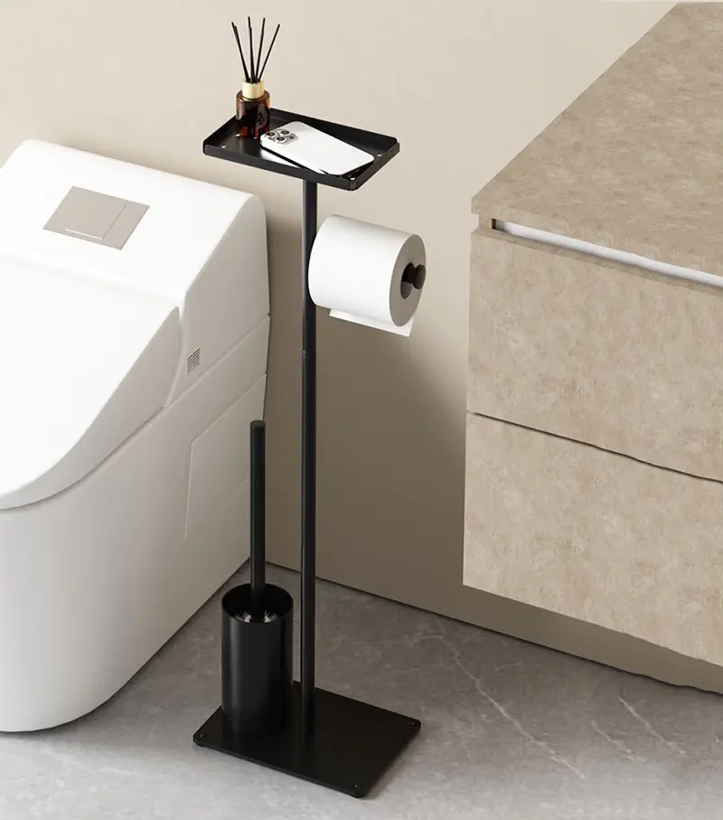 Bathroom Floor Standing Tissue Holder, Mobile Toilet Paper Stand with Storage, No Nail Mount, Includes Brush & Roll Paper Holder