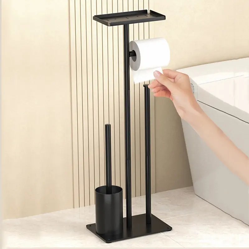 Bathroom Floor Standing Tissue Holder, Mobile Toilet Paper Stand with Storage, No Nail Mount, Includes Brush & Roll Paper Holder