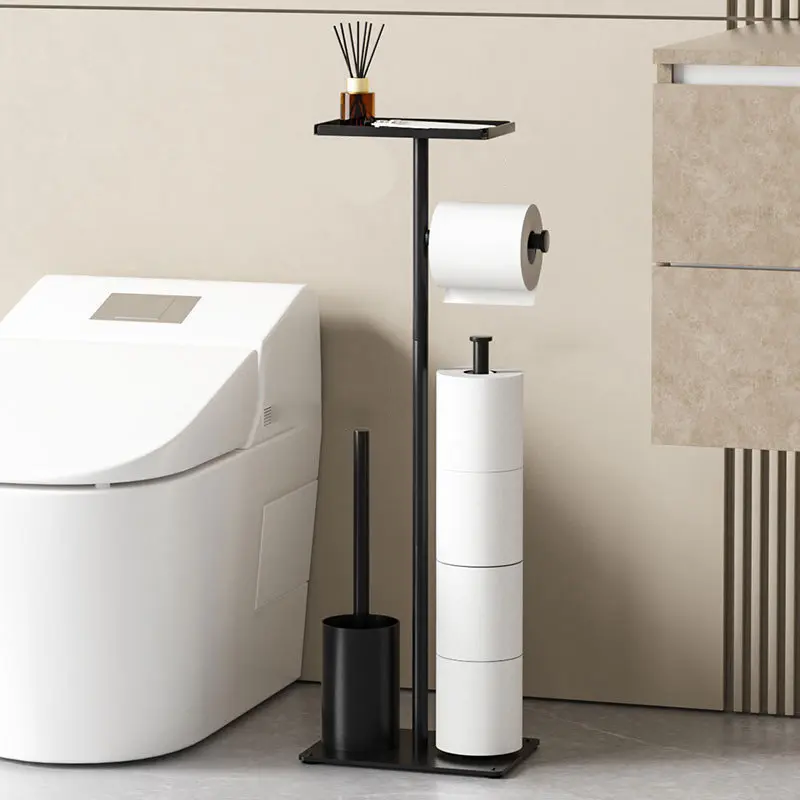 Bathroom Floor Standing Tissue Holder, Mobile Toilet Paper Stand with Storage, No Nail Mount, Includes Brush & Roll Paper Holder