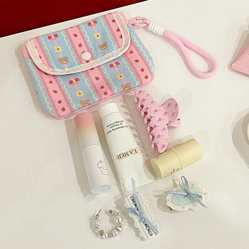 Candy Color Student Girl Make Up Case Sweet Bow Strawberry Photocard Storage Bag Portable Keychain Coin Bag Cute Mini Stuff Bag