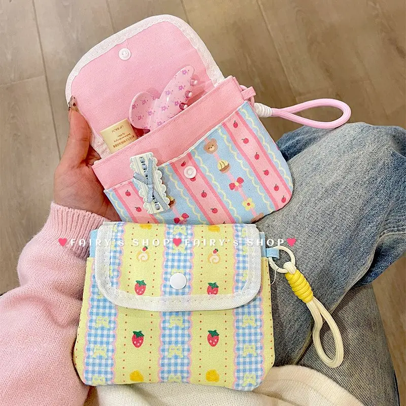 Candy Color Student Girl Make Up Case Sweet Bow Strawberry Photocard Storage Bag Portable Keychain Coin Bag Cute Mini Stuff Bag
