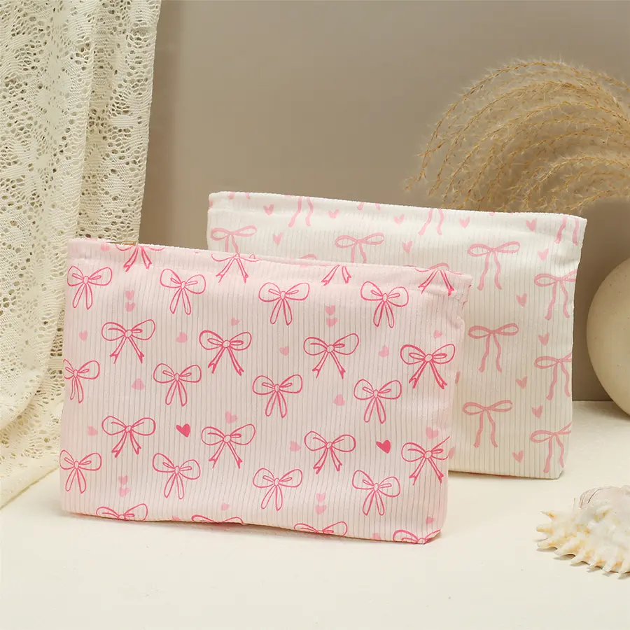 Bowknot Cherry Pattern Cosmetic Bag Corduroy Zipper Makeup Organizer Lightweight Travel Sweet Cosmetic Storage Bag For Women