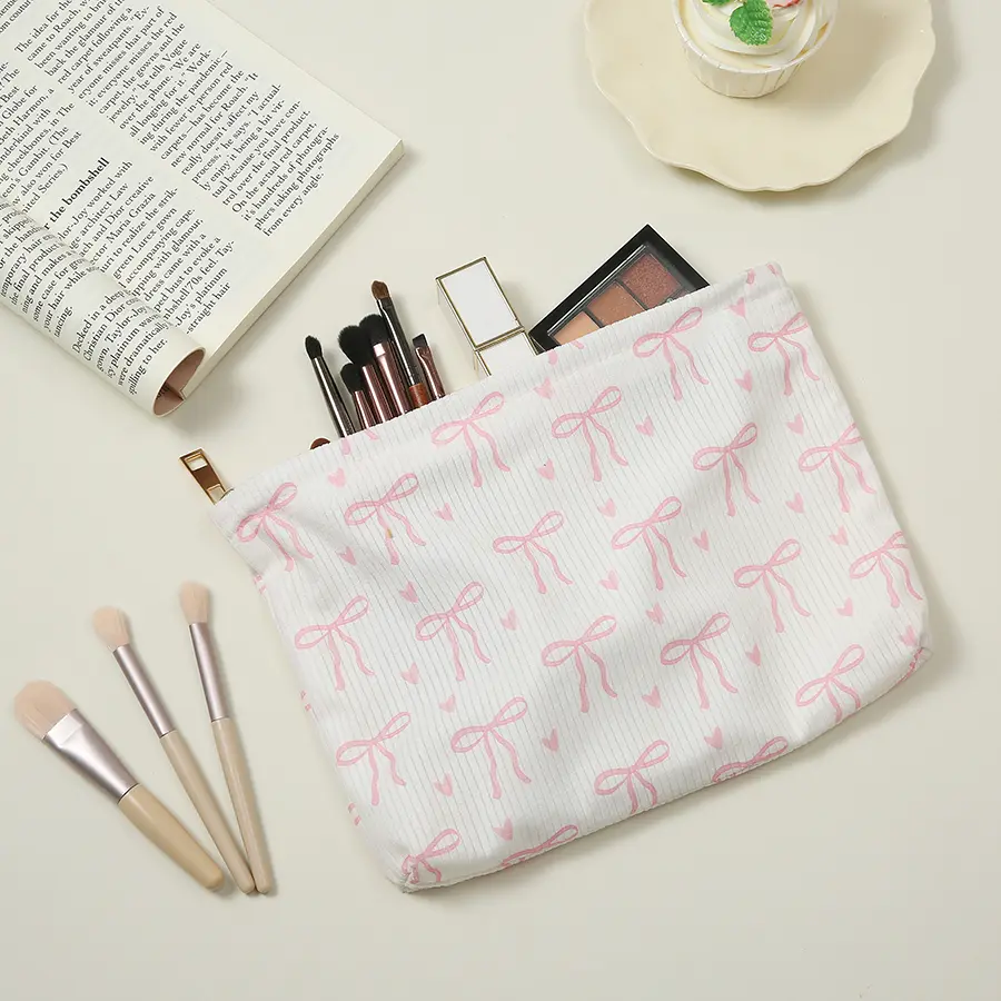 Bowknot Cherry Pattern Cosmetic Bag Corduroy Zipper Makeup Organizer Lightweight Travel Sweet Cosmetic Storage Bag For Women