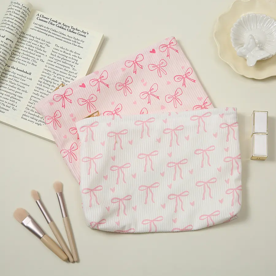 Bowknot Cherry Pattern Cosmetic Bag Corduroy Zipper Makeup Organizer Lightweight Travel Sweet Cosmetic Storage Bag For Women