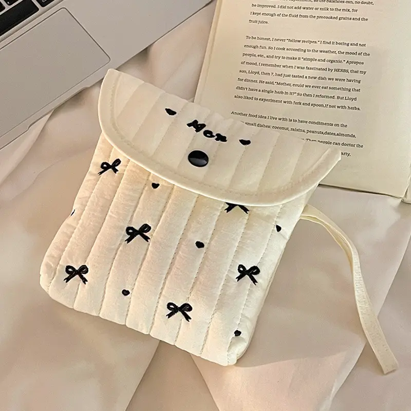 Large Capacity Embroidery Cosmetic Bag Menstruation Towel Storage Bowknot Bow Makeup Bag Small Item Bag Cotton Cloth