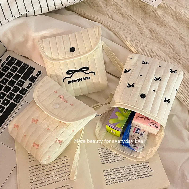 Large Capacity Embroidery Cosmetic Bag Menstruation Towel Storage Bowknot Bow Makeup Bag Small Item Bag Cotton Cloth