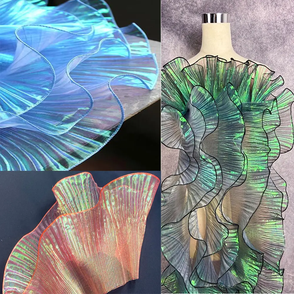 Iridescent Laser Gradient Organza Lace Fabric Pleated Ribbon For Wedding Dress DIY Ruffles Trim Sewing Clothes Accessories 1Yard