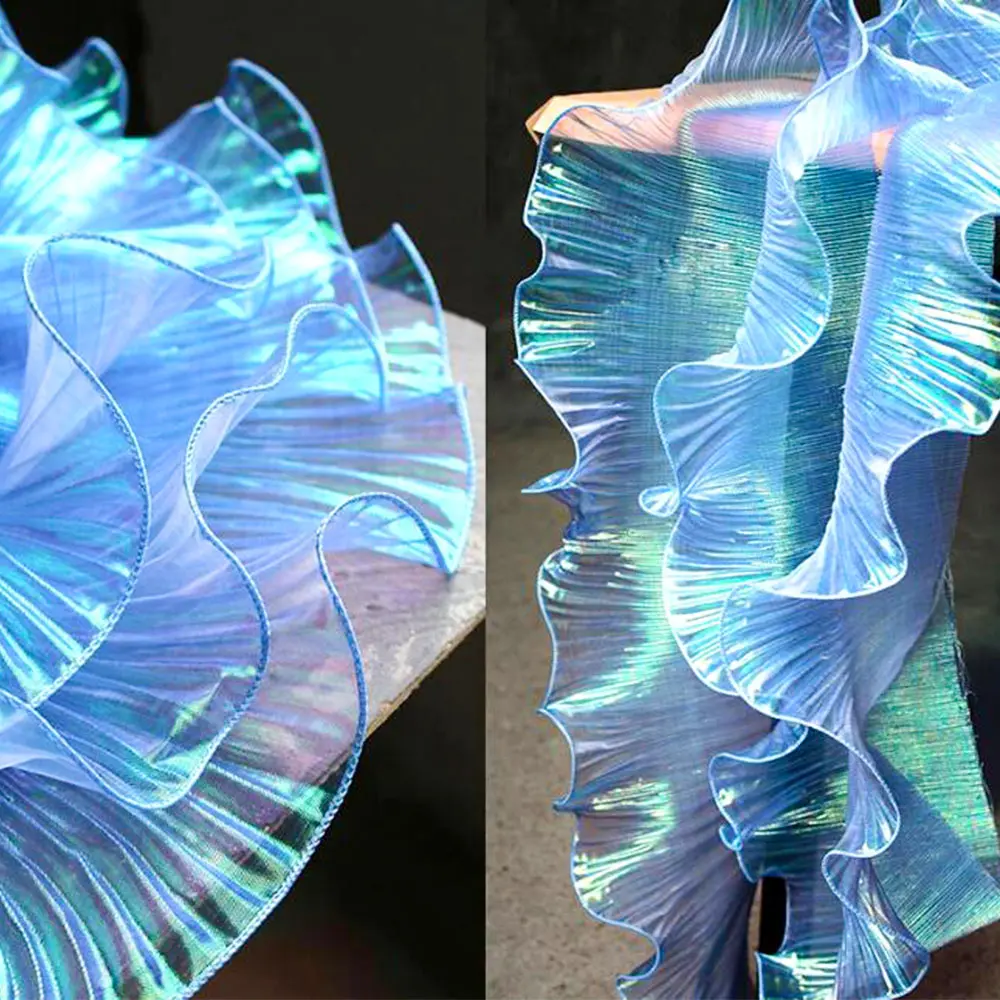 Iridescent Laser Gradient Organza Lace Fabric Pleated Ribbon For Wedding Dress DIY Ruffles Trim Sewing Clothes Accessories 1Yard