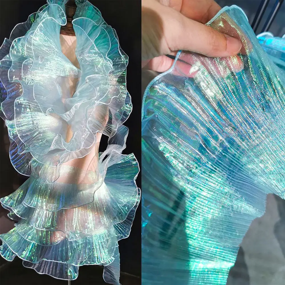 Iridescent Laser Gradient Organza Lace Fabric Pleated Ribbon For Wedding Dress DIY Ruffles Trim Sewing Clothes Accessories 1Yard