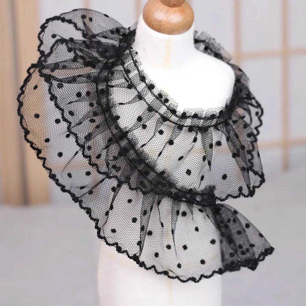 2025 Trendy 5cm Width Black White 3D Pleated Lace Ribbon Polka Dot Embroidery Ruffle Trim for BJD Doll Dress Collar DIY