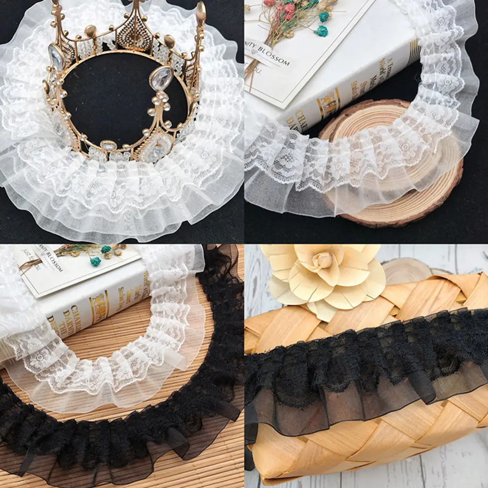 5cm Wide Black White 3D Pleated Chiffon Lace Trim Ribbon for DIY Wedding Dress Sewing Luxury Embroidery Applique Fabric Decor