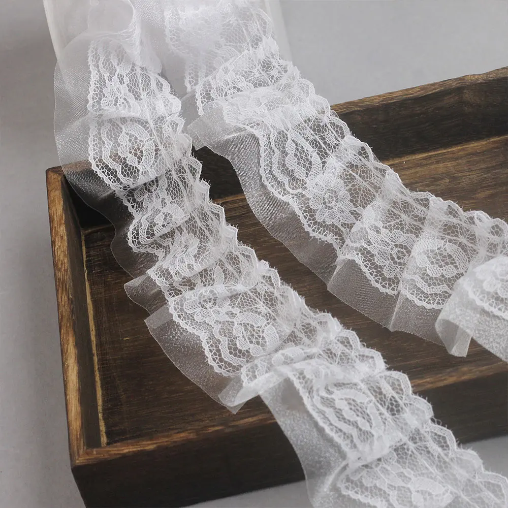 5cm Wide Black White 3D Pleated Chiffon Lace Trim Ribbon for DIY Wedding Dress Sewing Luxury Embroidery Applique Fabric Decor