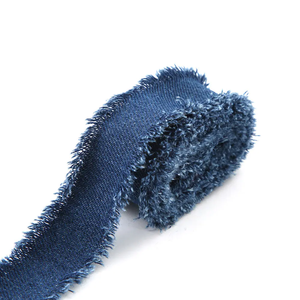 Denim Blue Polyester Ribbon with Spool Handmade Fringe Frayed Fabric Cloth for Wedding Invitations Bridal Bouquets Gift Wrapping
