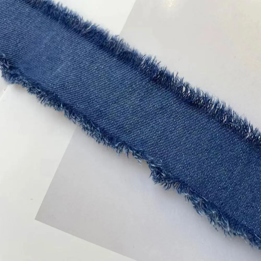 Denim Blue Polyester Ribbon with Spool Handmade Fringe Frayed Fabric Cloth for Wedding Invitations Bridal Bouquets Gift Wrapping