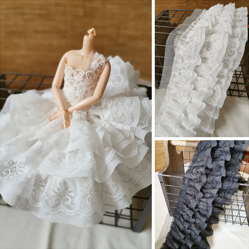 2025 Trendy 13cm 3-Layer Chiffon Fringe Trim 1Yard White Black 3D Pleated for Wedding Sewing Material Accessories