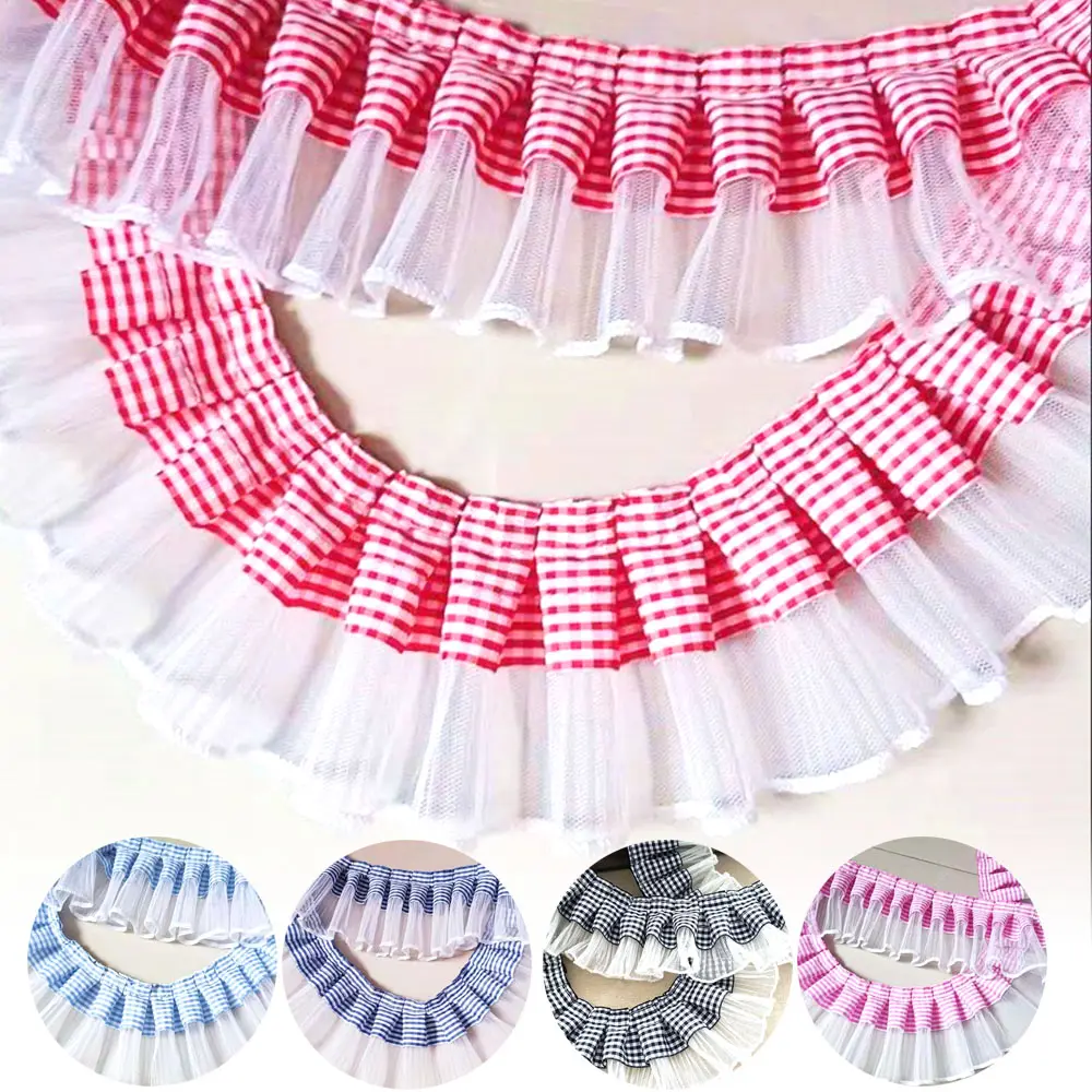 7cm Wide 1/3 Yards Satin Grosgrain Ribbon White Plaid Pleated Lace Trim for DIY Sewing Crafts Clothing Collar Hats Fabric Decor