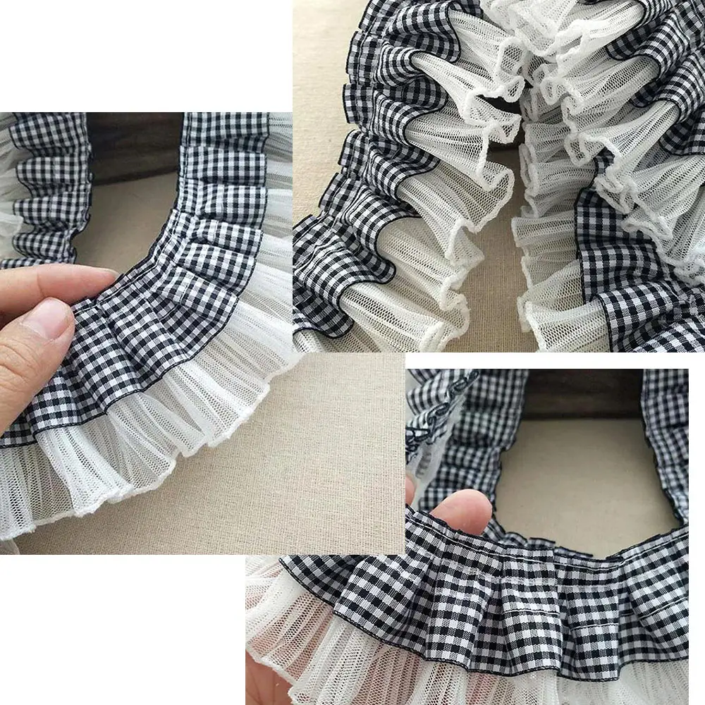 7cm Wide 1/3 Yards Satin Grosgrain Ribbon White Plaid Pleated Lace Trim for DIY Sewing Crafts Clothing Collar Hats Fabric Decor
