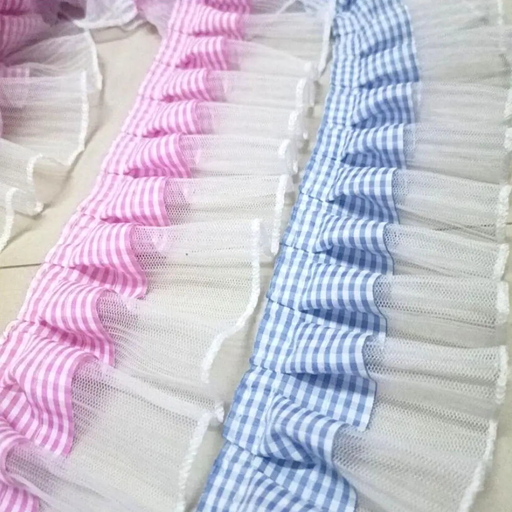 7cm Wide 1/3 Yards Satin Grosgrain Ribbon White Plaid Pleated Lace Trim for DIY Sewing Crafts Clothing Collar Hats Fabric Decor