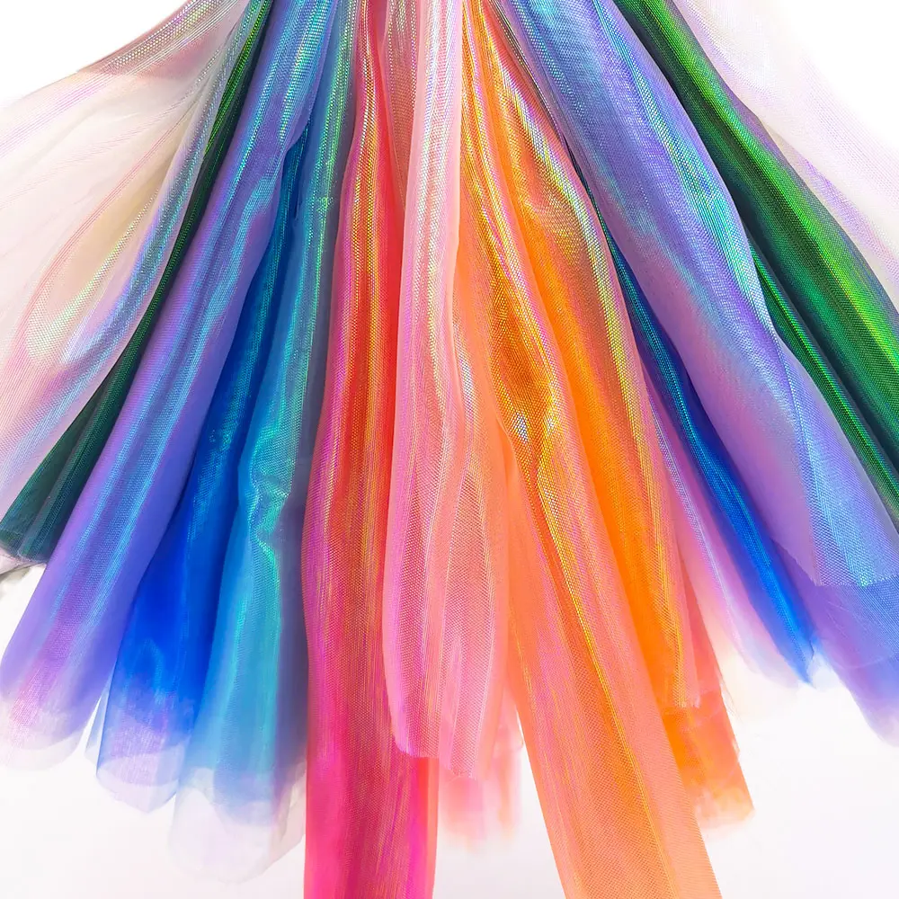 Designer Fluorescent Fabrics Colorful Shiny Gauze Fabric Stage Wedding Decor Voile Transparent Holographic Fabric Doll Clothing