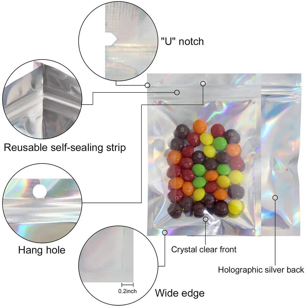 100pc Holographic Resealable Mylar Bags Ziplock Candy Suger Tee Jewelry Beauty Storage Pouches For Party Favor Home Organization