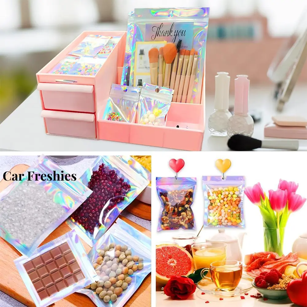 100pc Holographic Resealable Mylar Bags Ziplock Candy Suger Tee Jewelry Beauty Storage Pouches For Party Favor Home Organization