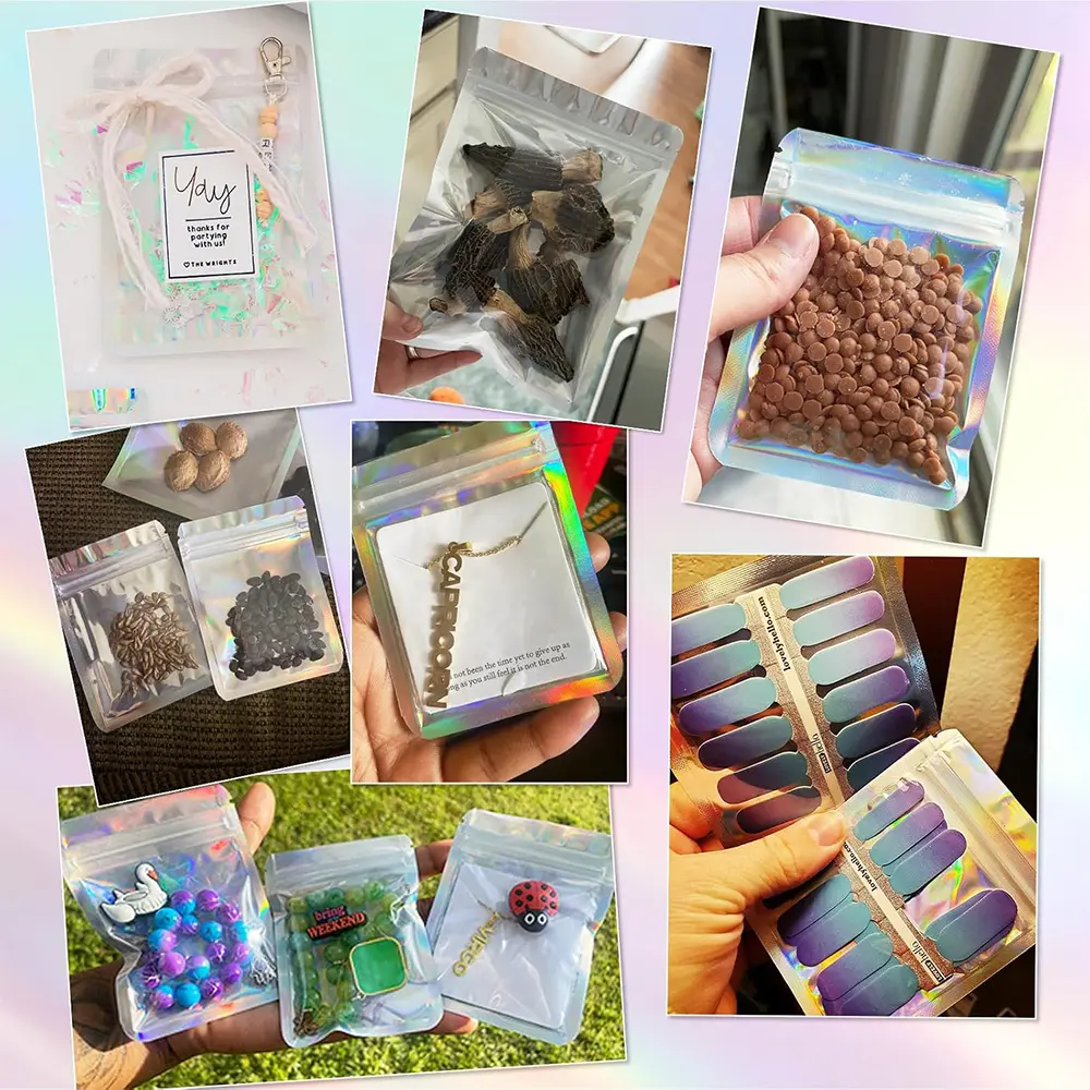 100pc Holographic Resealable Mylar Bags Ziplock Candy Suger Tee Jewelry Beauty Storage Pouches For Party Favor Home Organization